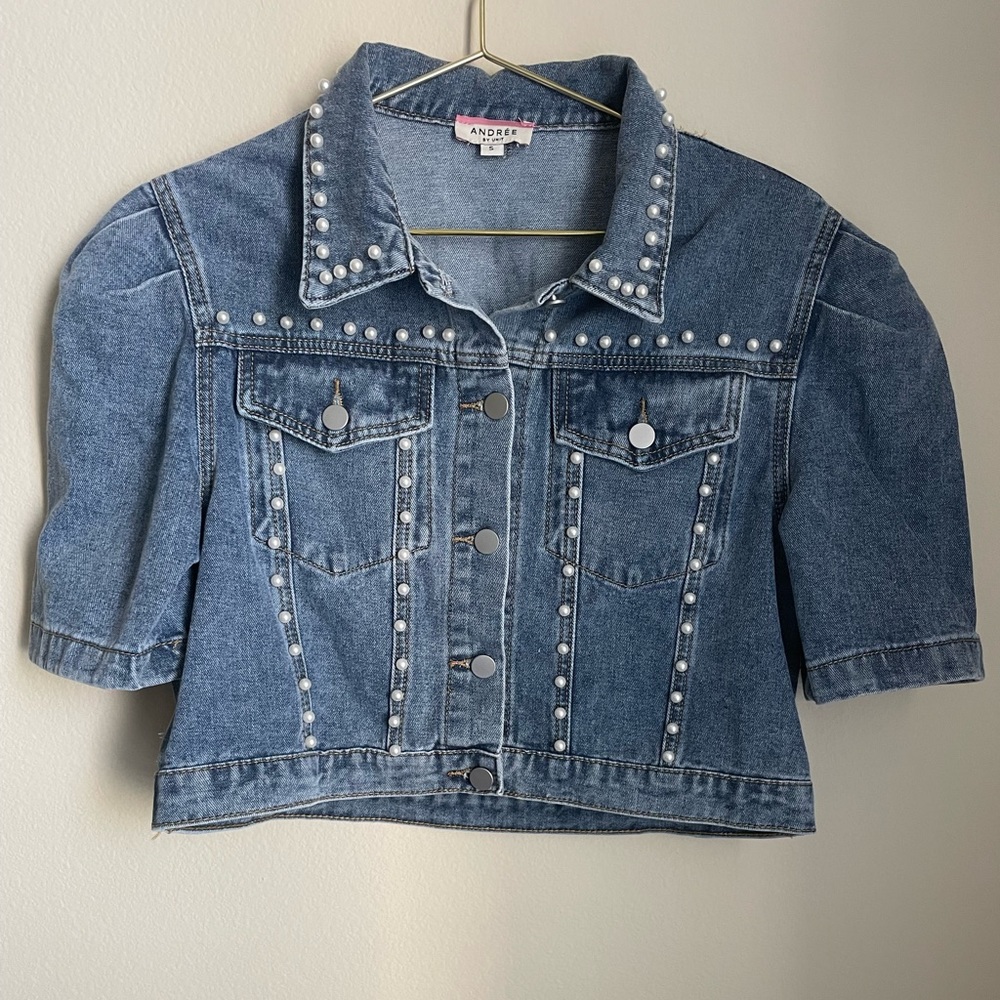 Medium Wash Cropped Denim Jacket with Pearl Embellishments
